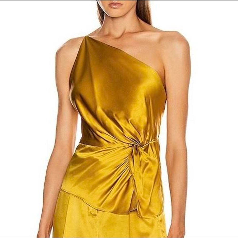 Michelle Mason One Shoulder Silk Top Mustard - Size 4